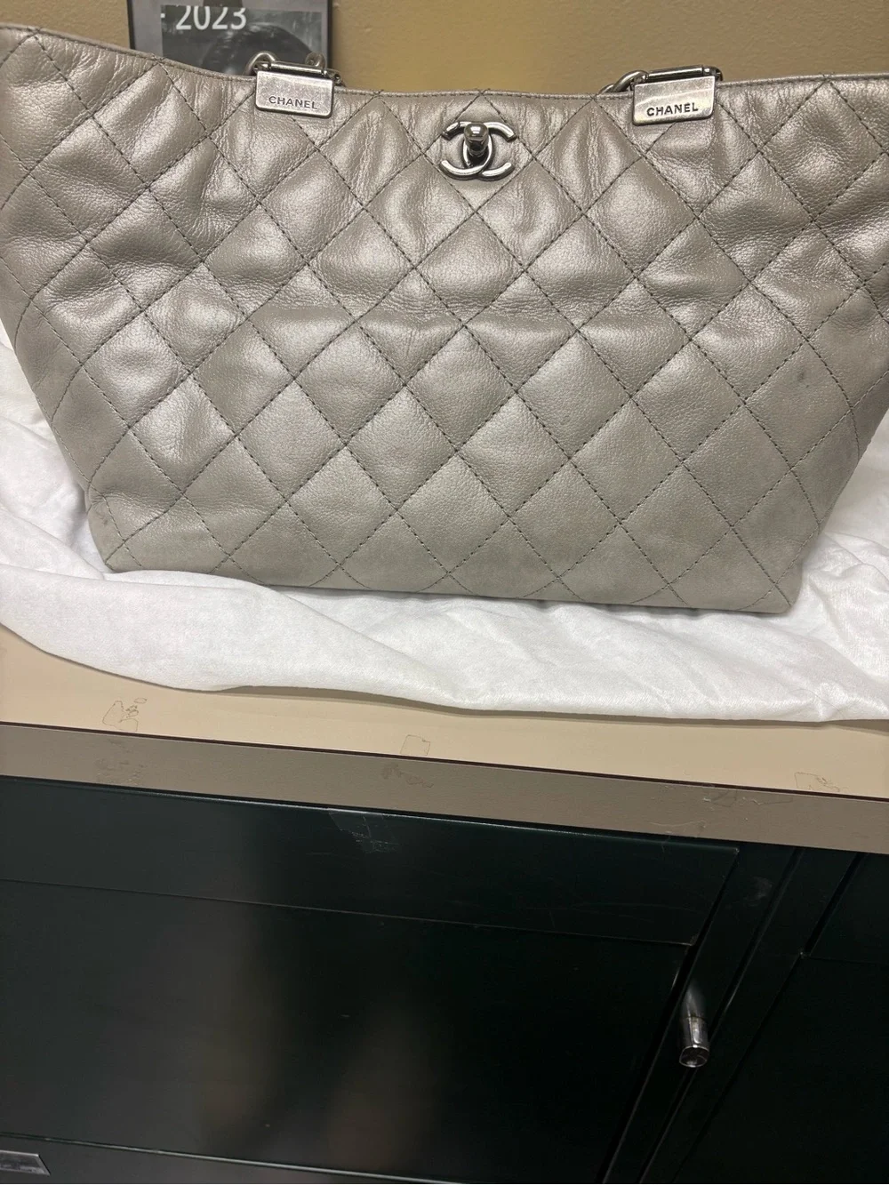 CHANEL Silver Quilted Leather Tote with CC Logo